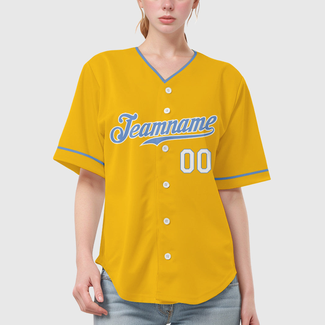 Custom Yellow Light Blue Light Blue-White Collar Sleeve Baseball Jersey