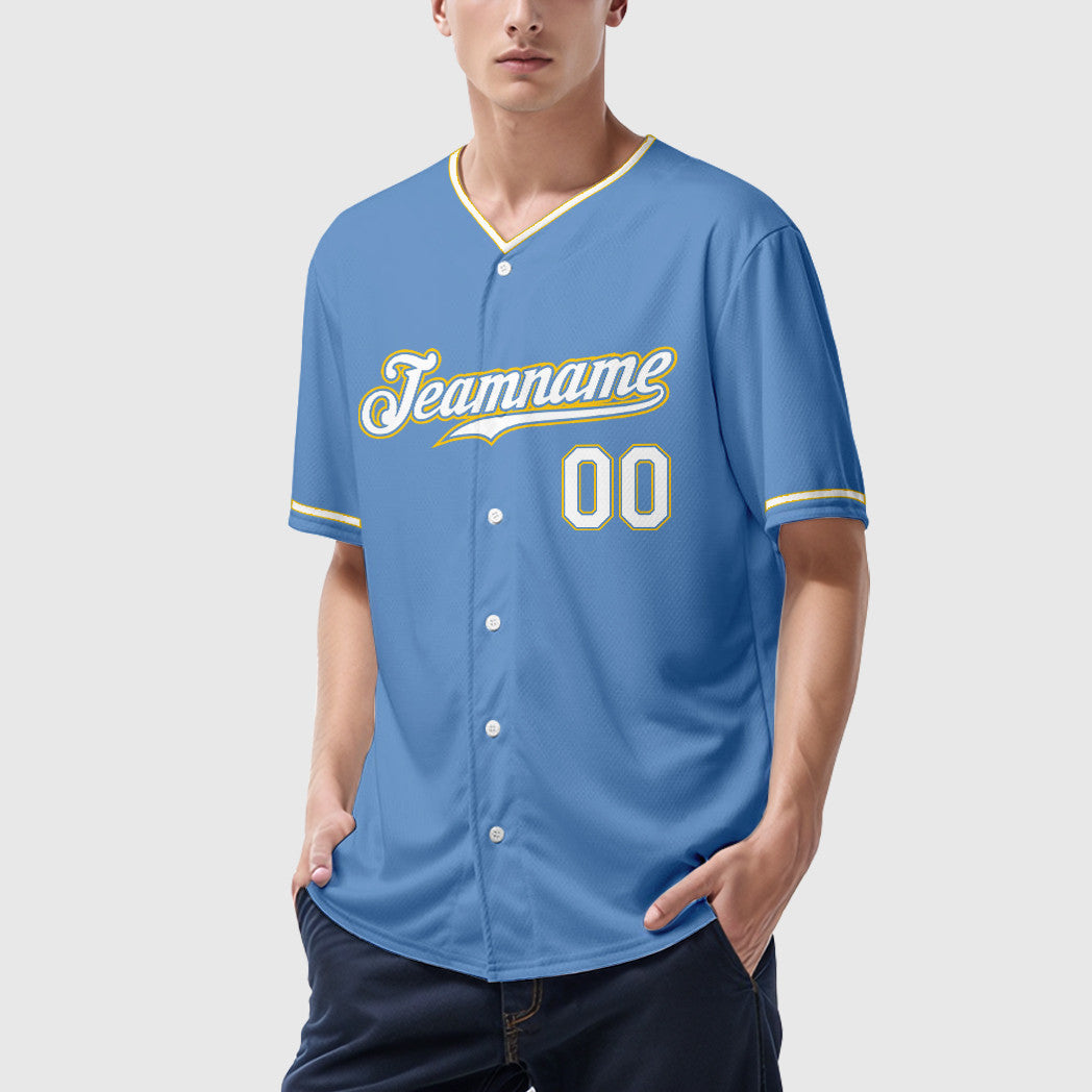 Custom Light Blue White White-Gold Collar Sleeve Baseball Jersey