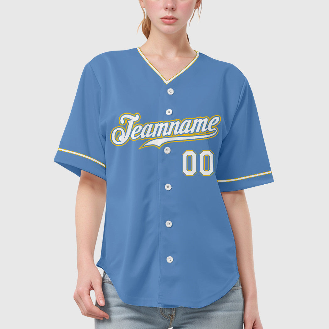 Custom Light Blue White White-Gold Collar Sleeve Baseball Jersey