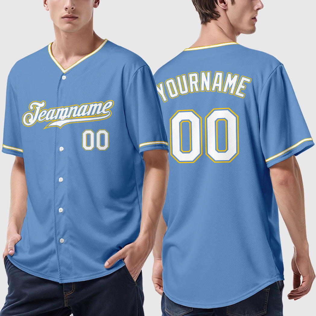 Custom Light Blue White White-Gold Collar Sleeve Baseball Jersey