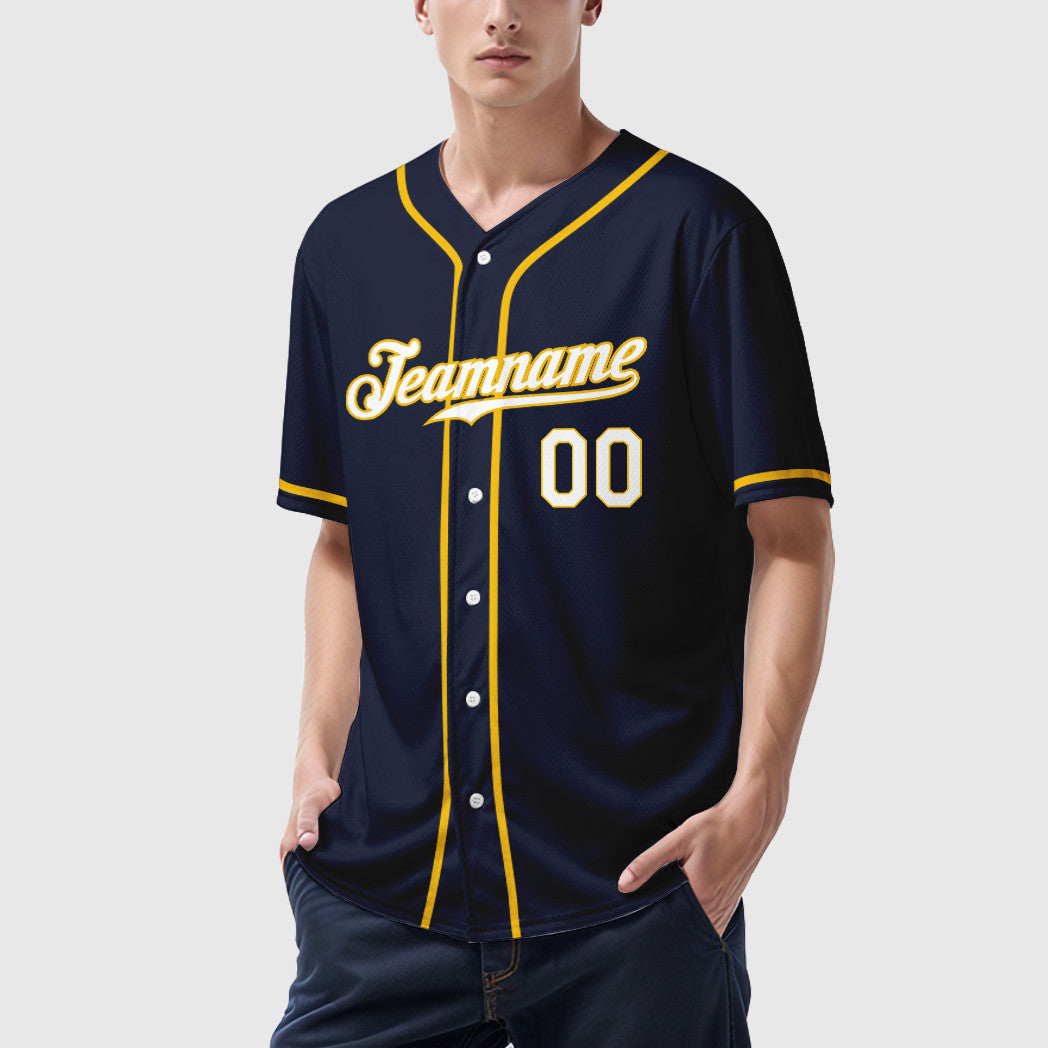 Custom Navy Yellow White Sleeve Baseball Jersey