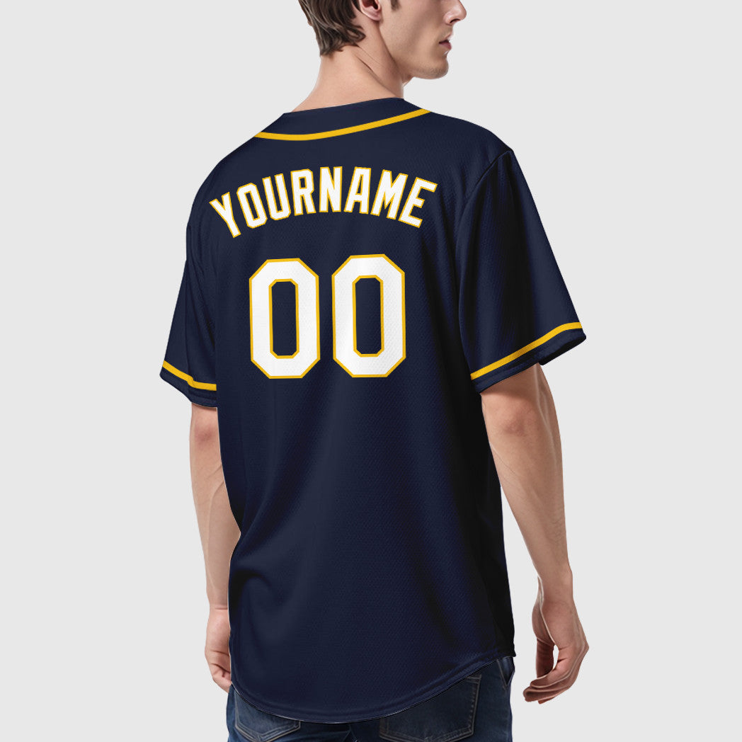 Custom Navy Yellow White Sleeve Baseball Jersey