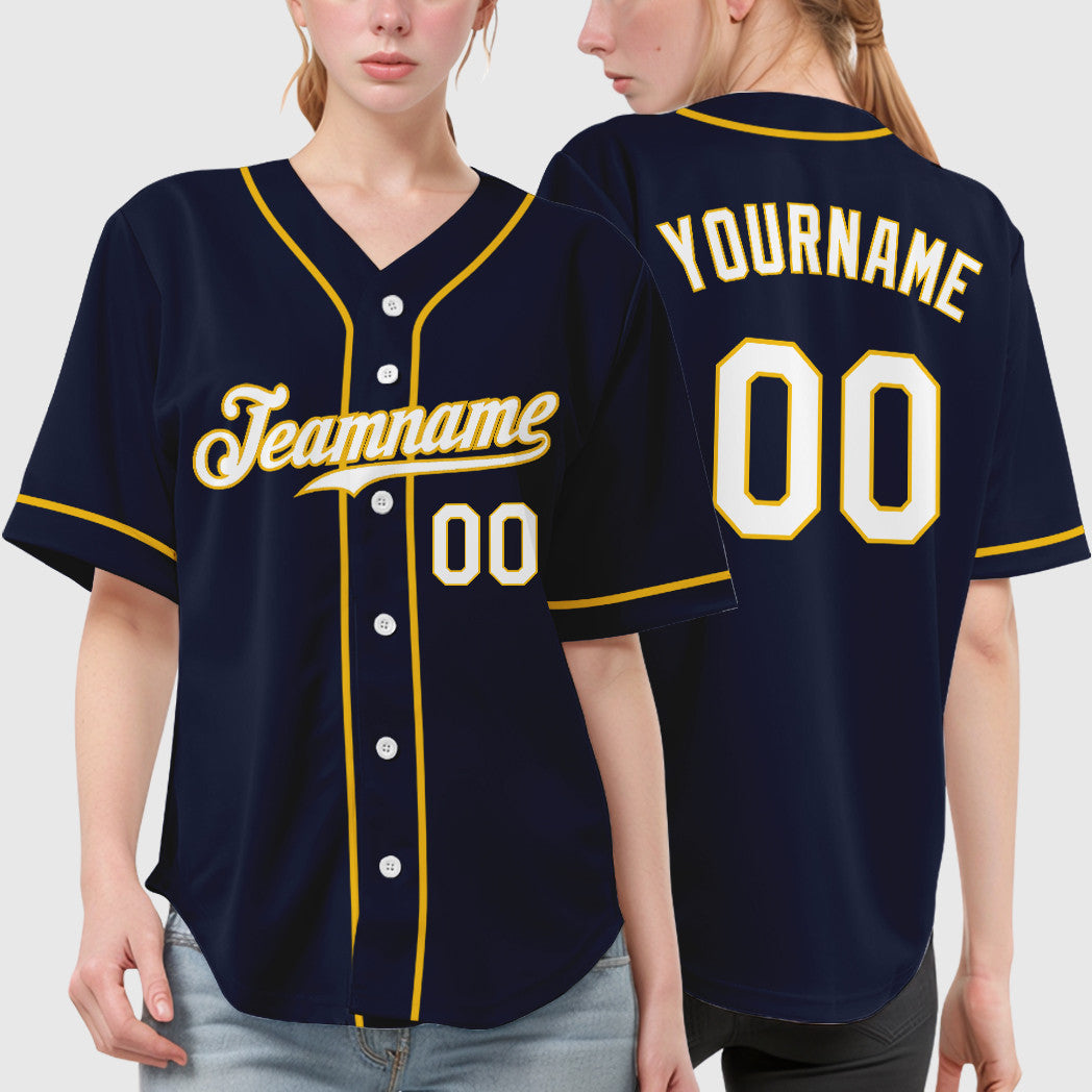 Custom Navy Yellow White Sleeve Baseball Jersey
