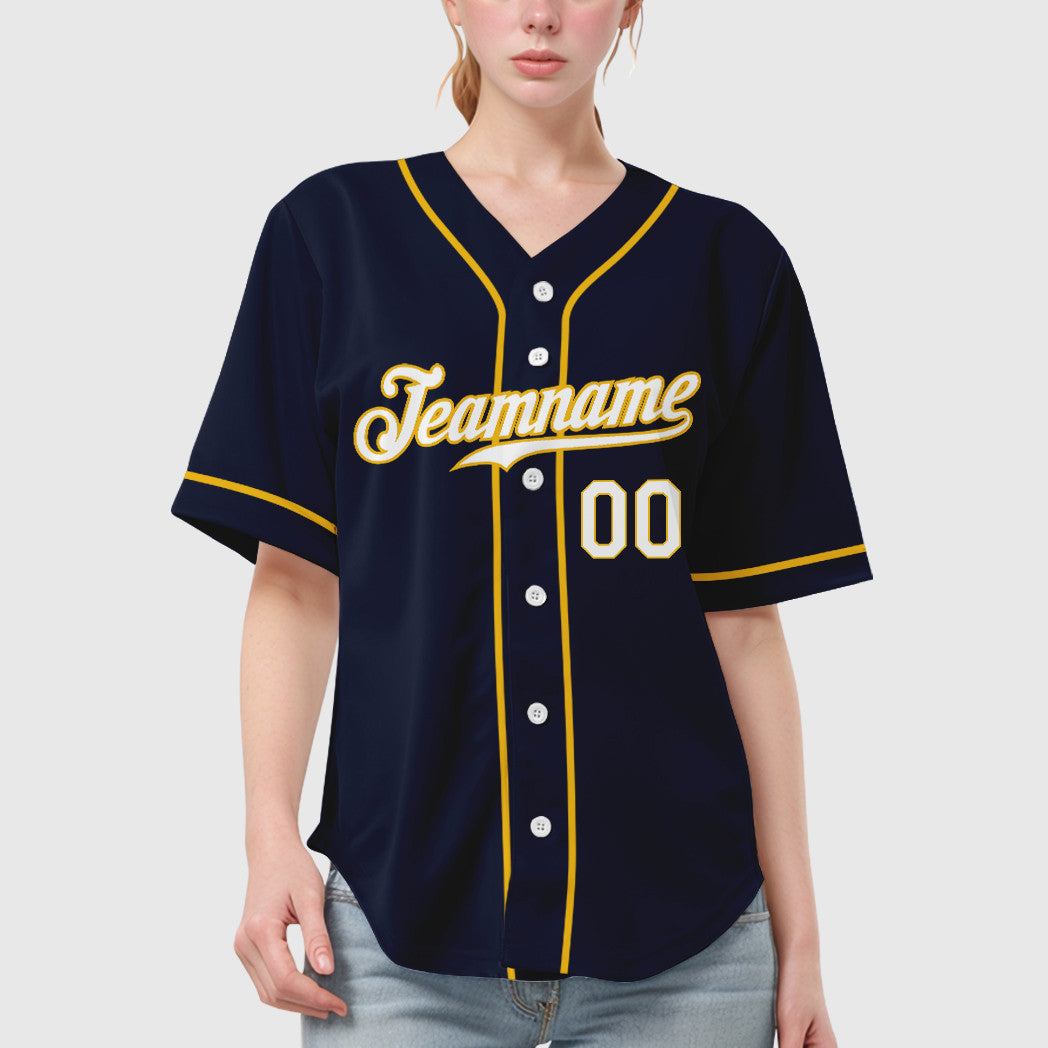 Custom Navy Yellow White Sleeve Baseball Jersey