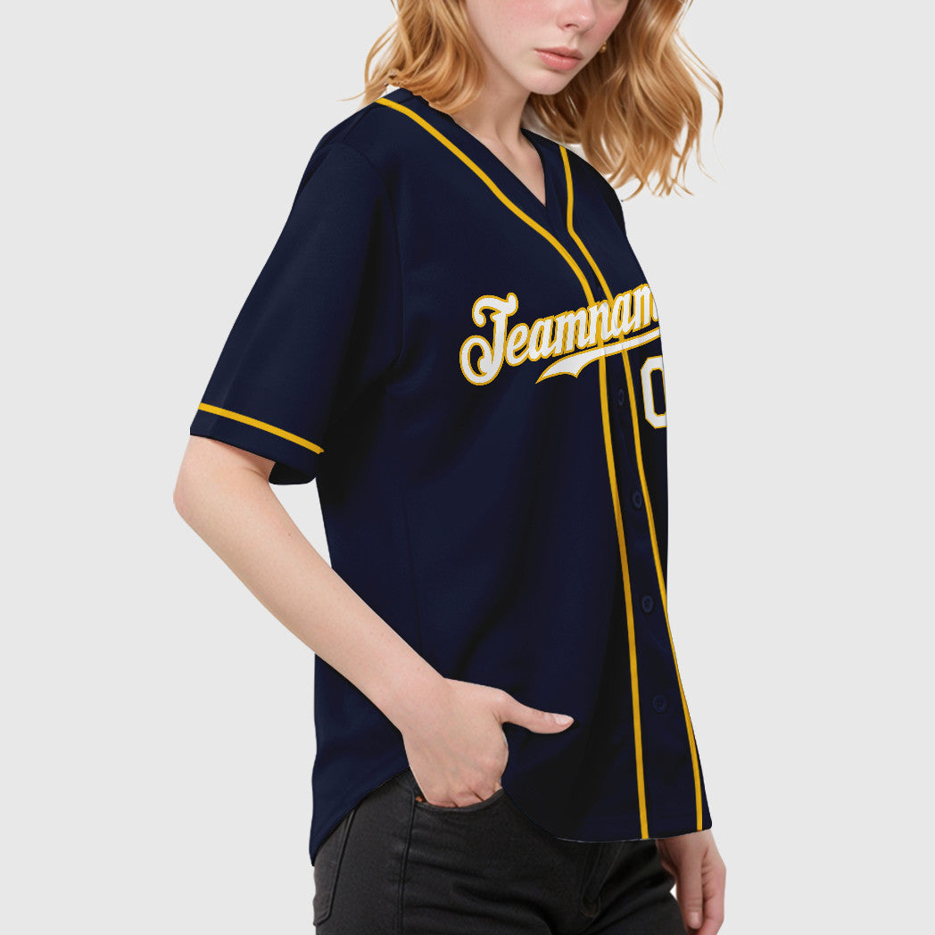 Custom Navy Yellow White Sleeve Baseball Jersey