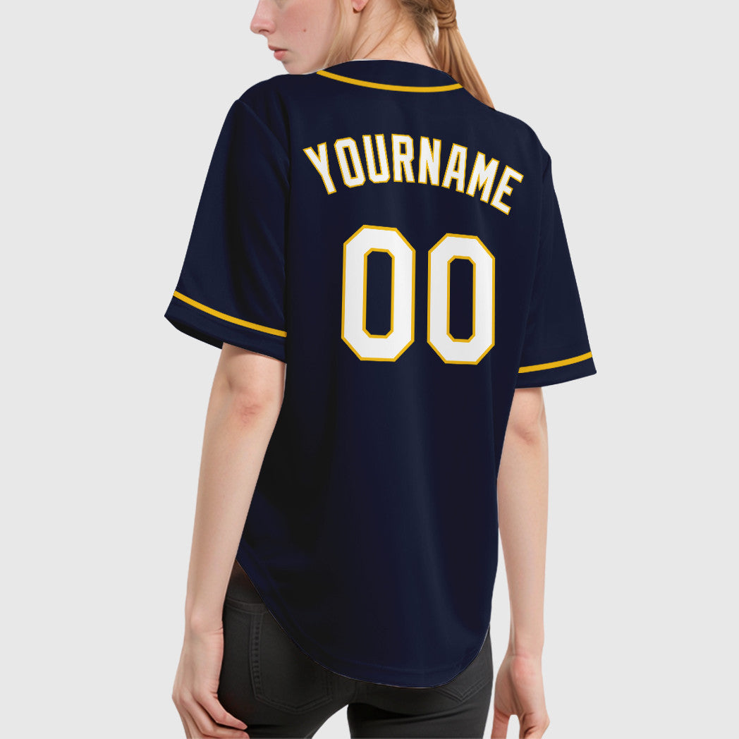 Custom Navy Yellow White Sleeve Baseball Jersey