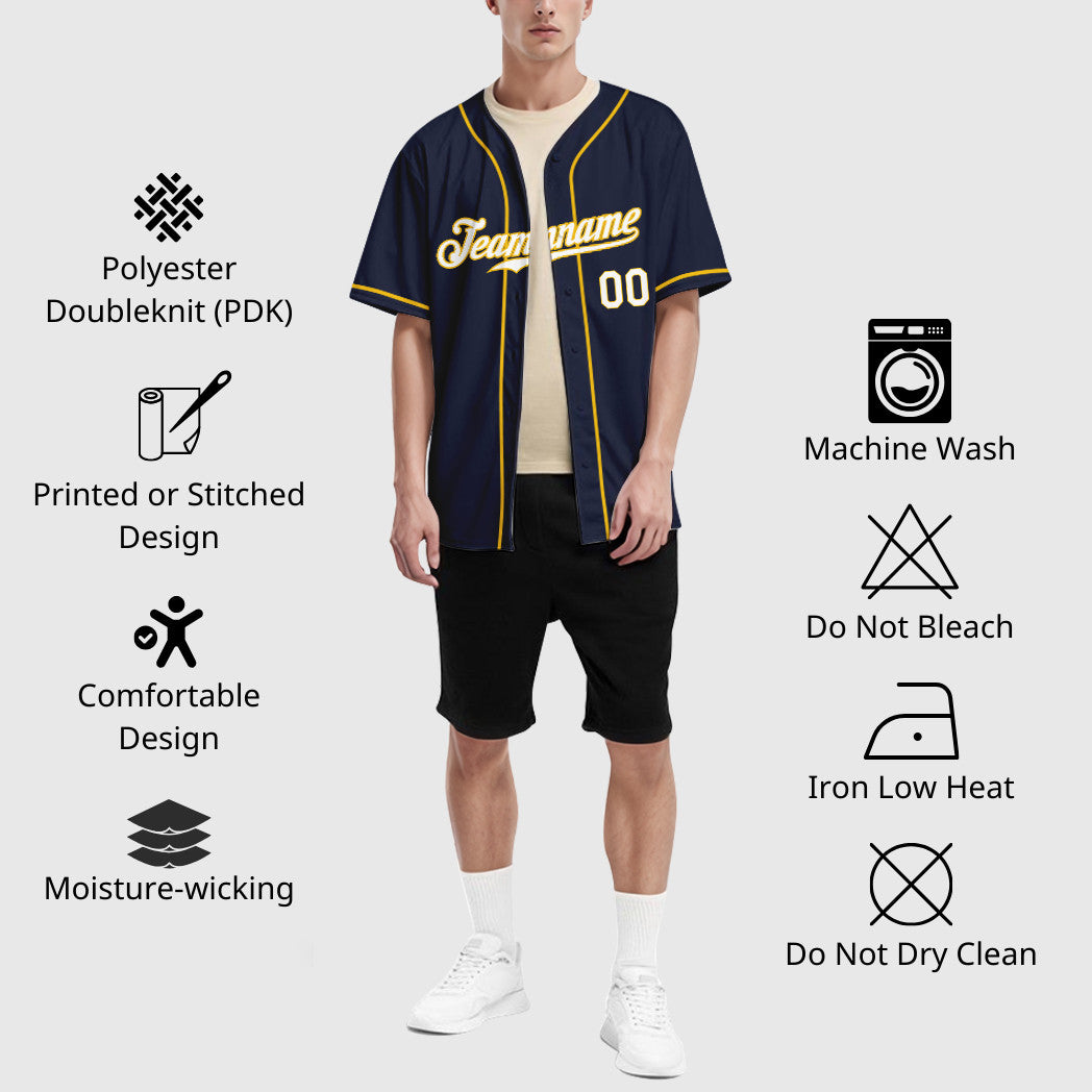 Custom Navy Yellow White Sleeve Baseball Jersey