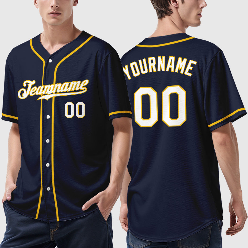 Custom Navy Yellow White Sleeve Baseball Jersey