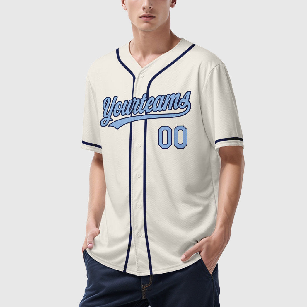 Custom Cream Light Blue Navy Sleeve Baseball Jersey