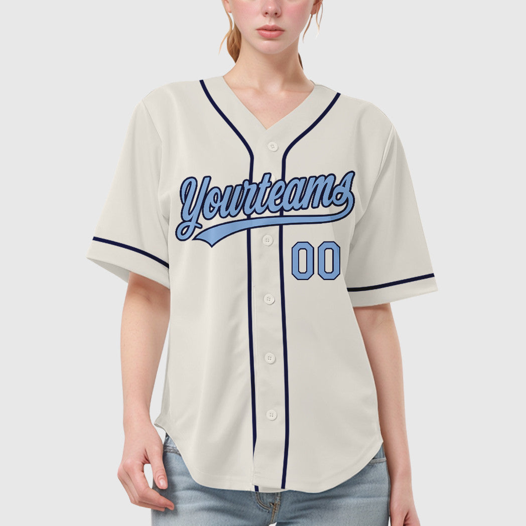 Custom Cream Light Blue Navy Sleeve Baseball Jersey