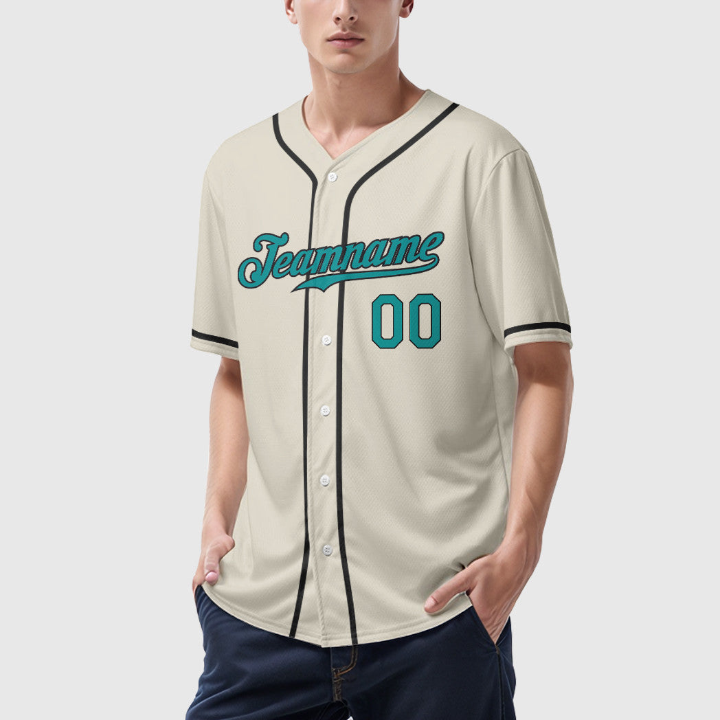 Custom Cream Teal Black Sleeve Baseball Jersey