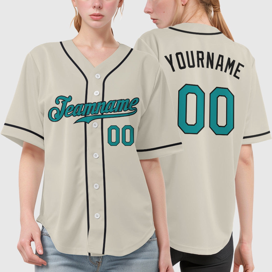 Custom Cream Teal Black Sleeve Baseball Jersey