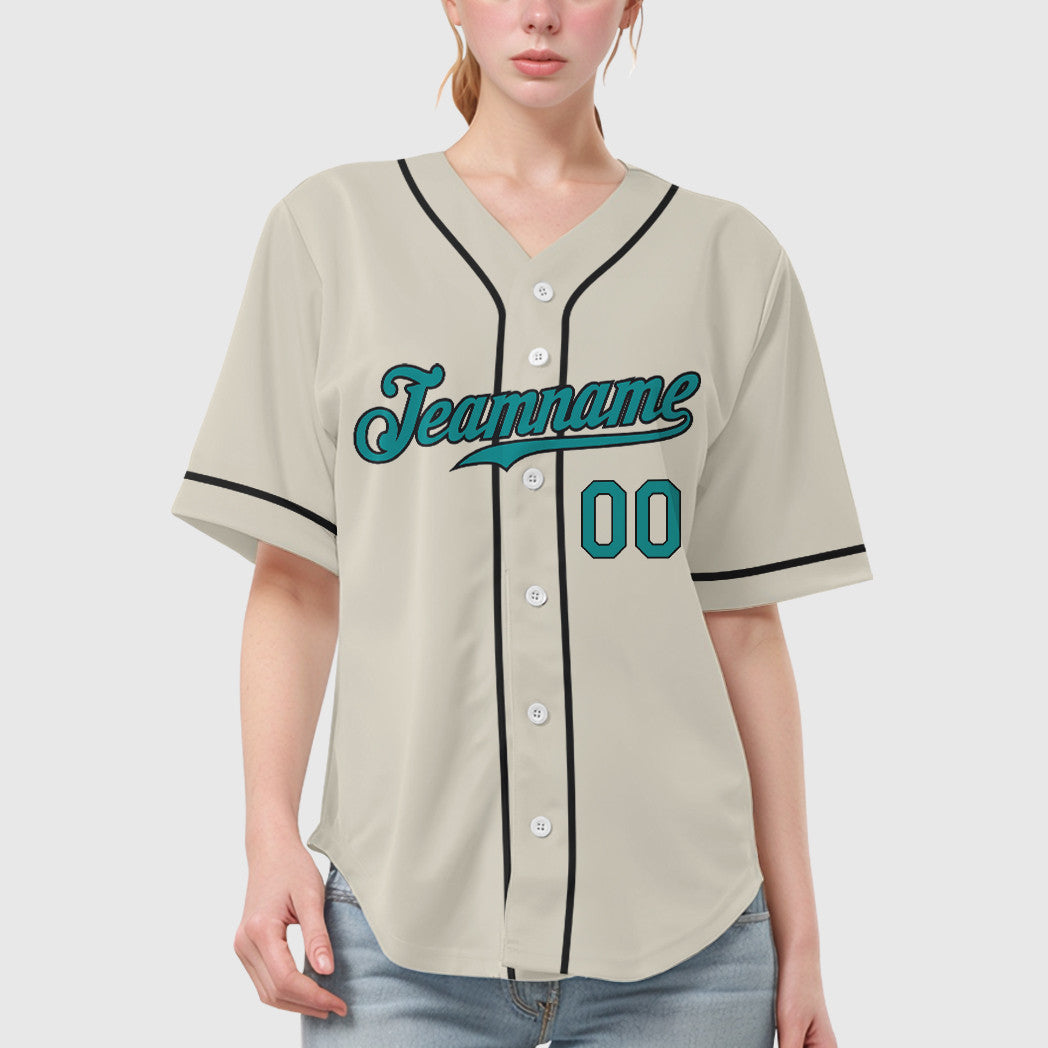 Custom Cream Teal Black Sleeve Baseball Jersey