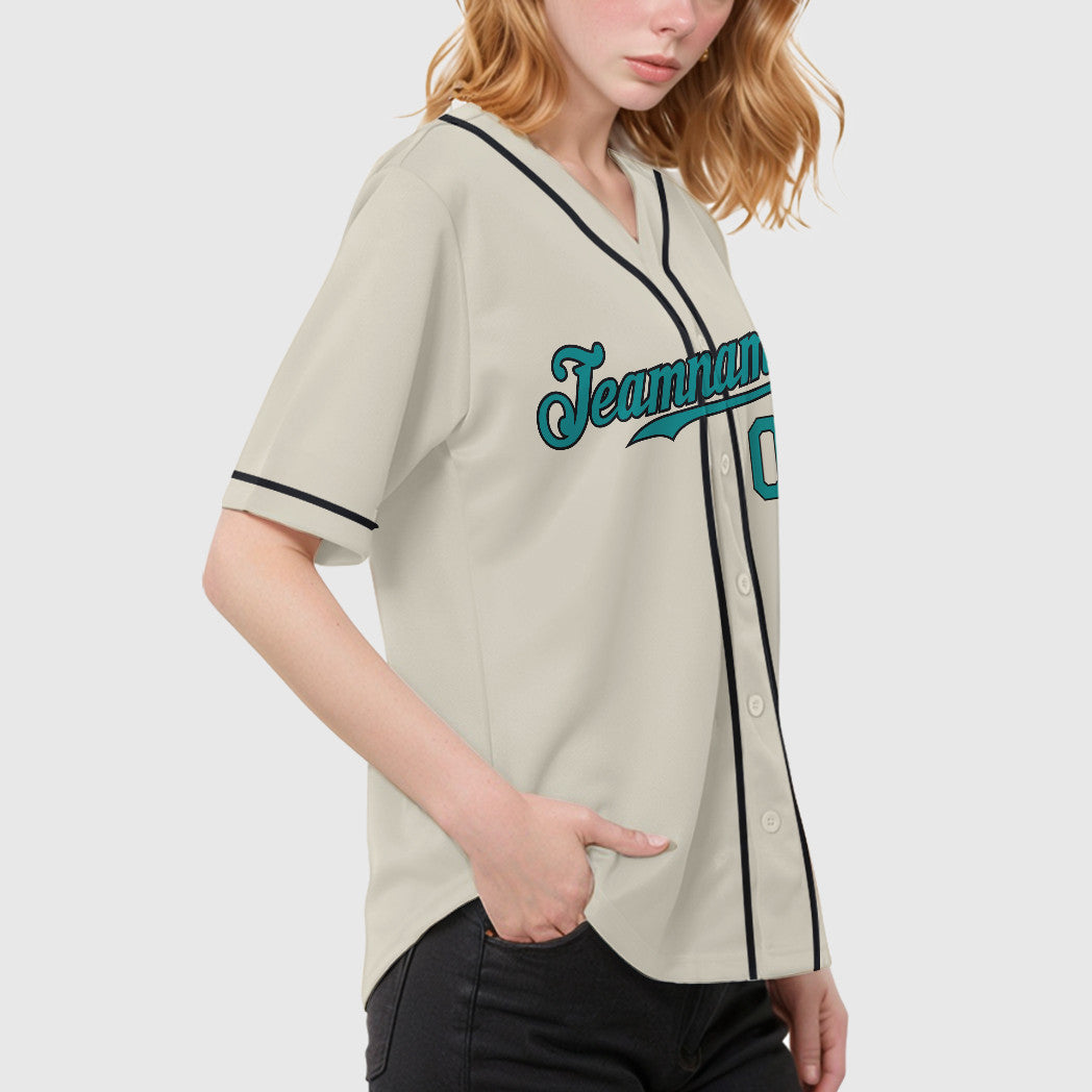 Custom Cream Teal Black Sleeve Baseball Jersey