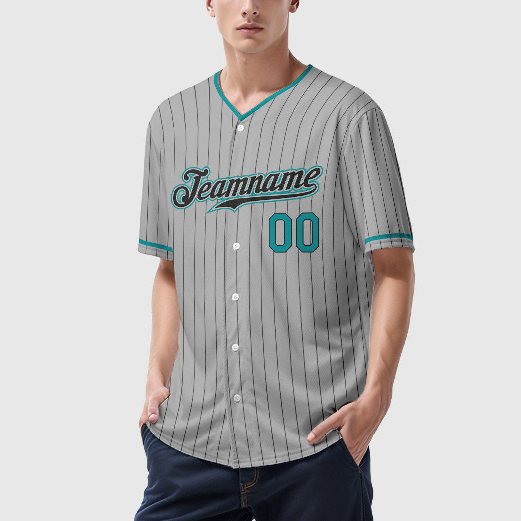 Custom Gray Black Teal Pinstripe Baseball Jersey