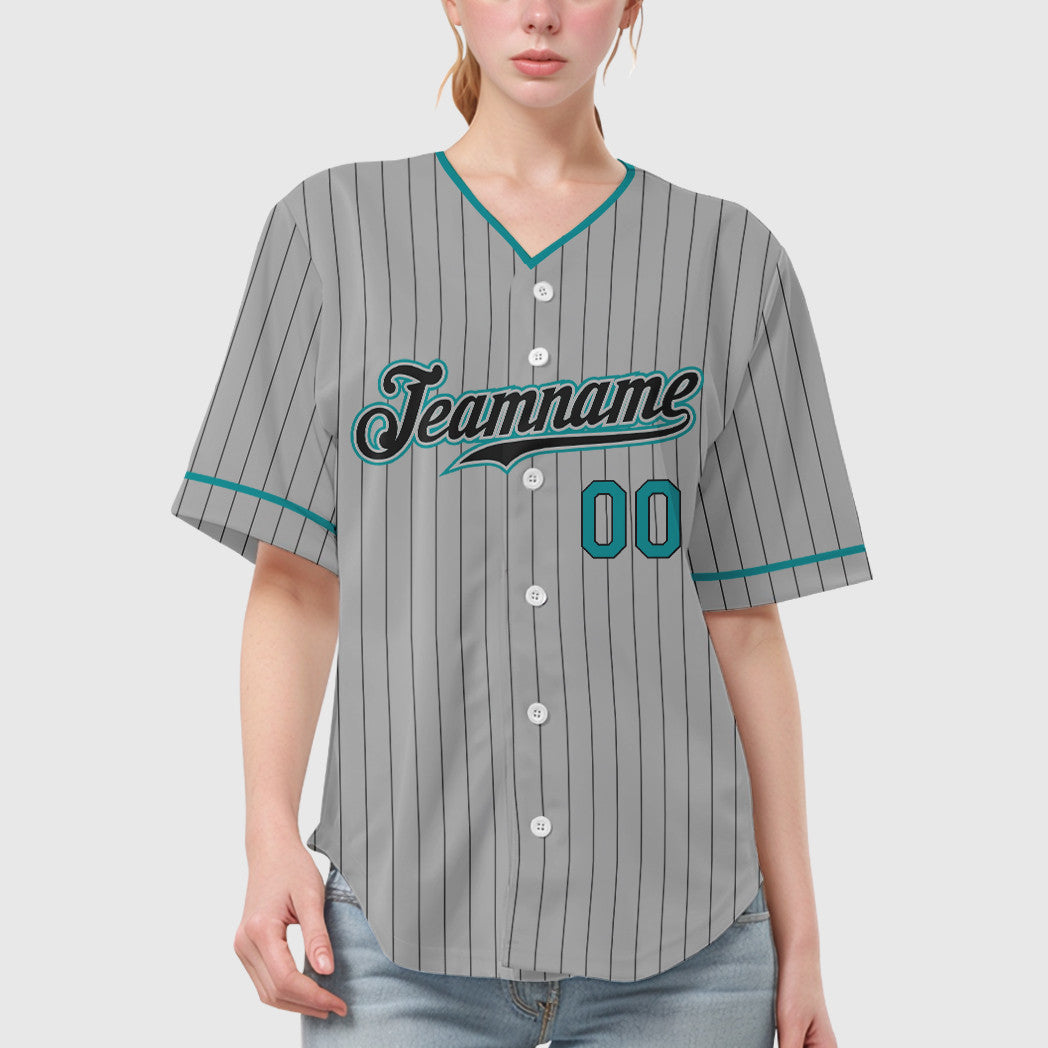 Custom Gray Black Teal Pinstripe Baseball Jersey