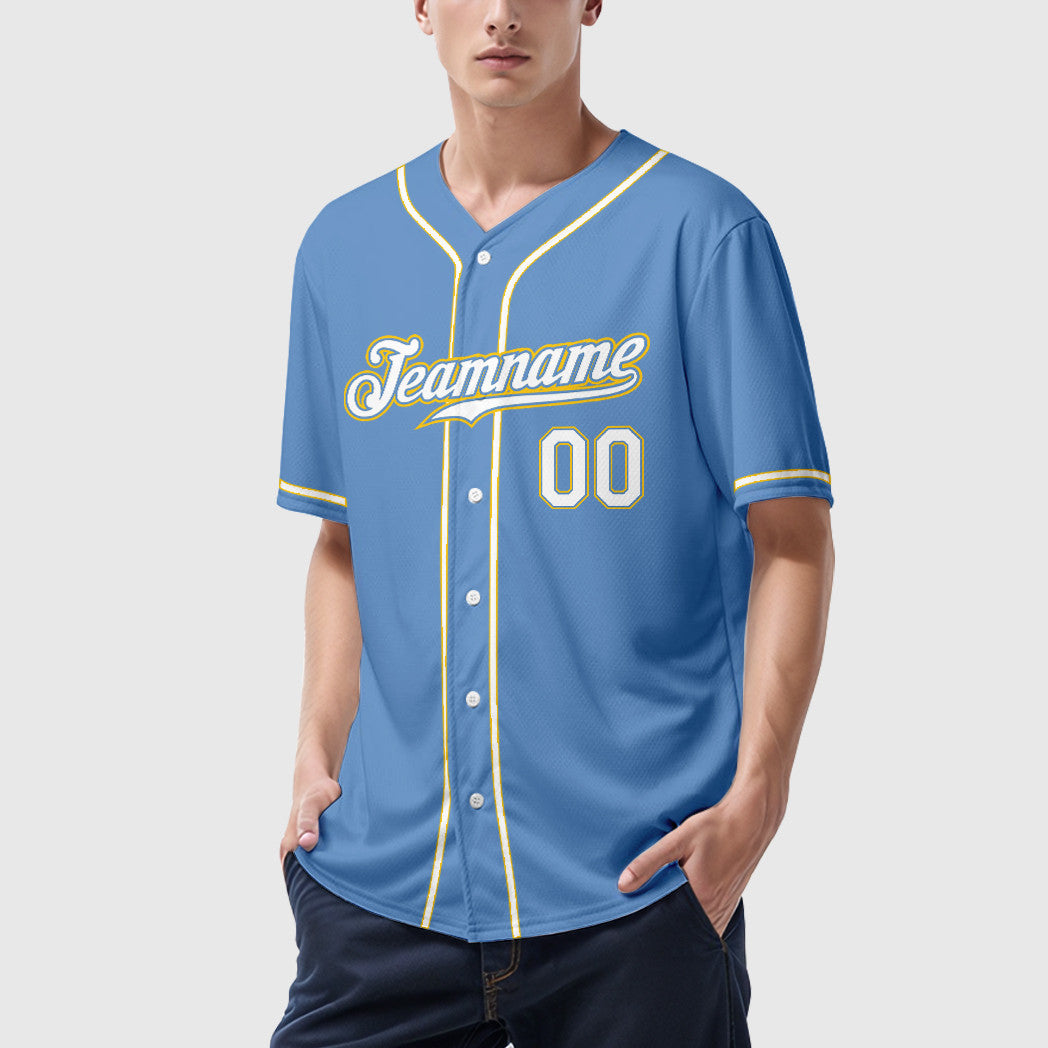 Custom Light Blue White White-Gold Sleeve Baseball Jersey