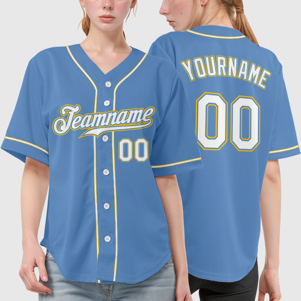 Custom Light Blue White White-Gold Sleeve Baseball Jersey