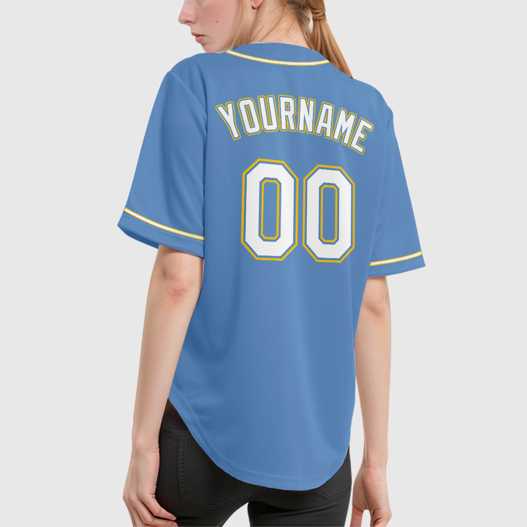Custom Light Blue White White-Gold Sleeve Baseball Jersey