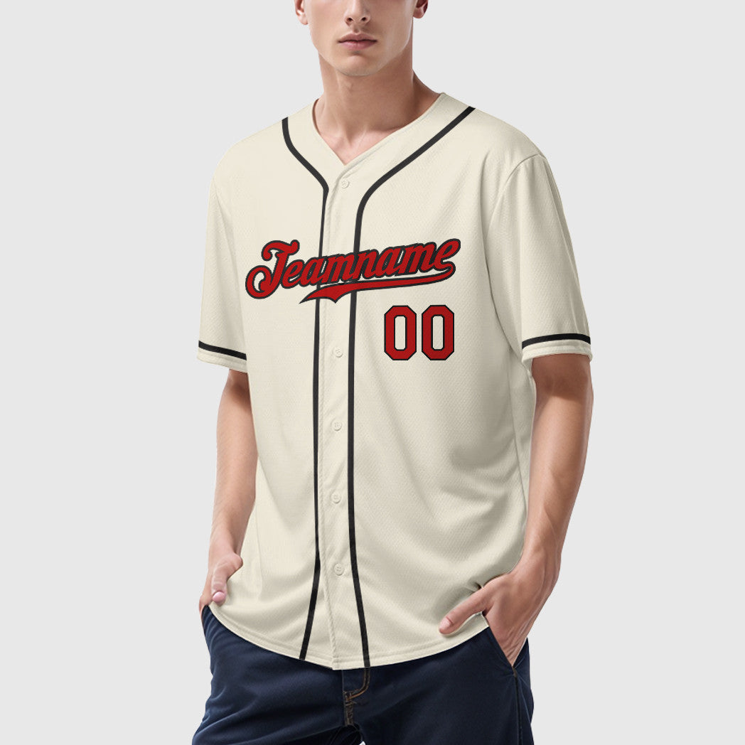 Custom Cream Red Red-Black Sleeve Baseball Jersey