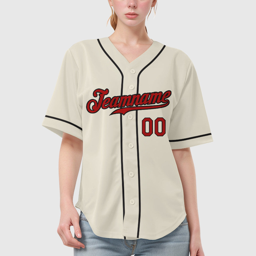 Custom Cream Red Red-Black Sleeve Baseball Jersey