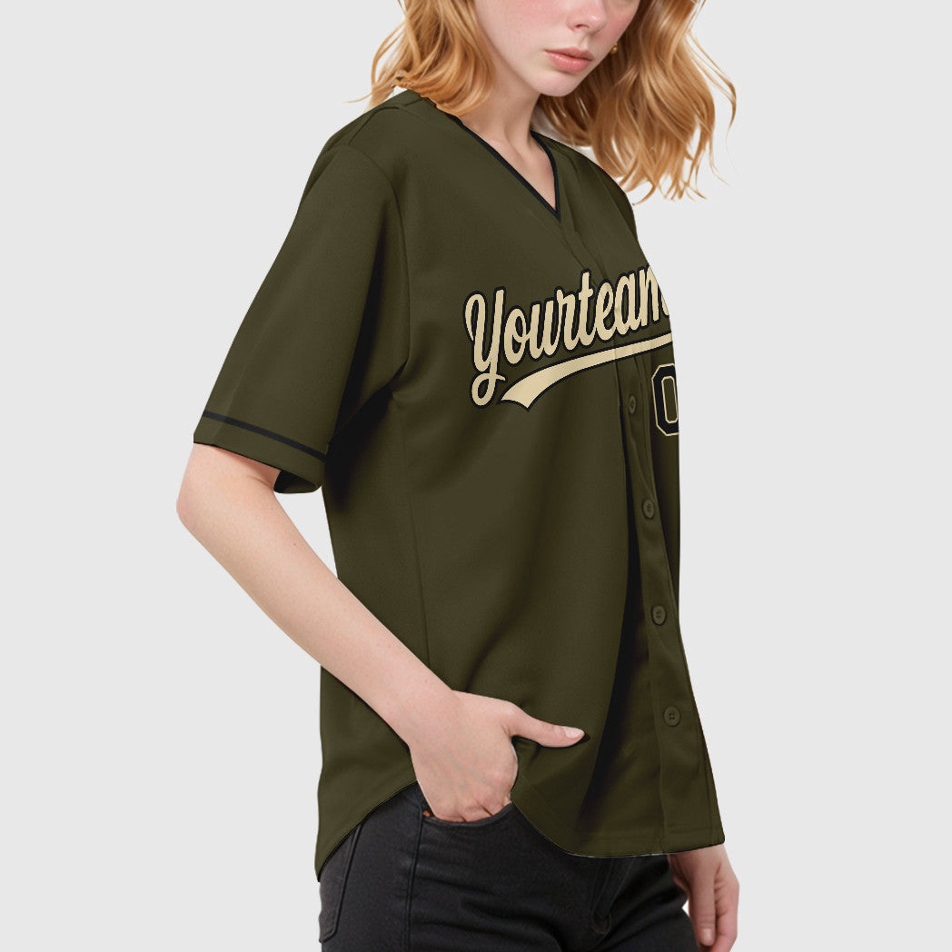 Custom Olive City Cream Black Salute To Service Collar Sleeve Baseball Jersey