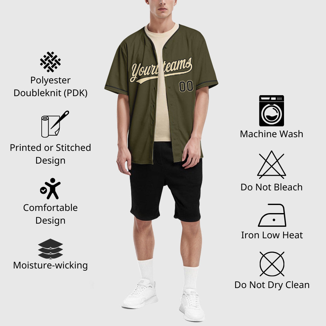 Custom Olive City Cream Black Salute To Service Collar Sleeve Baseball Jersey