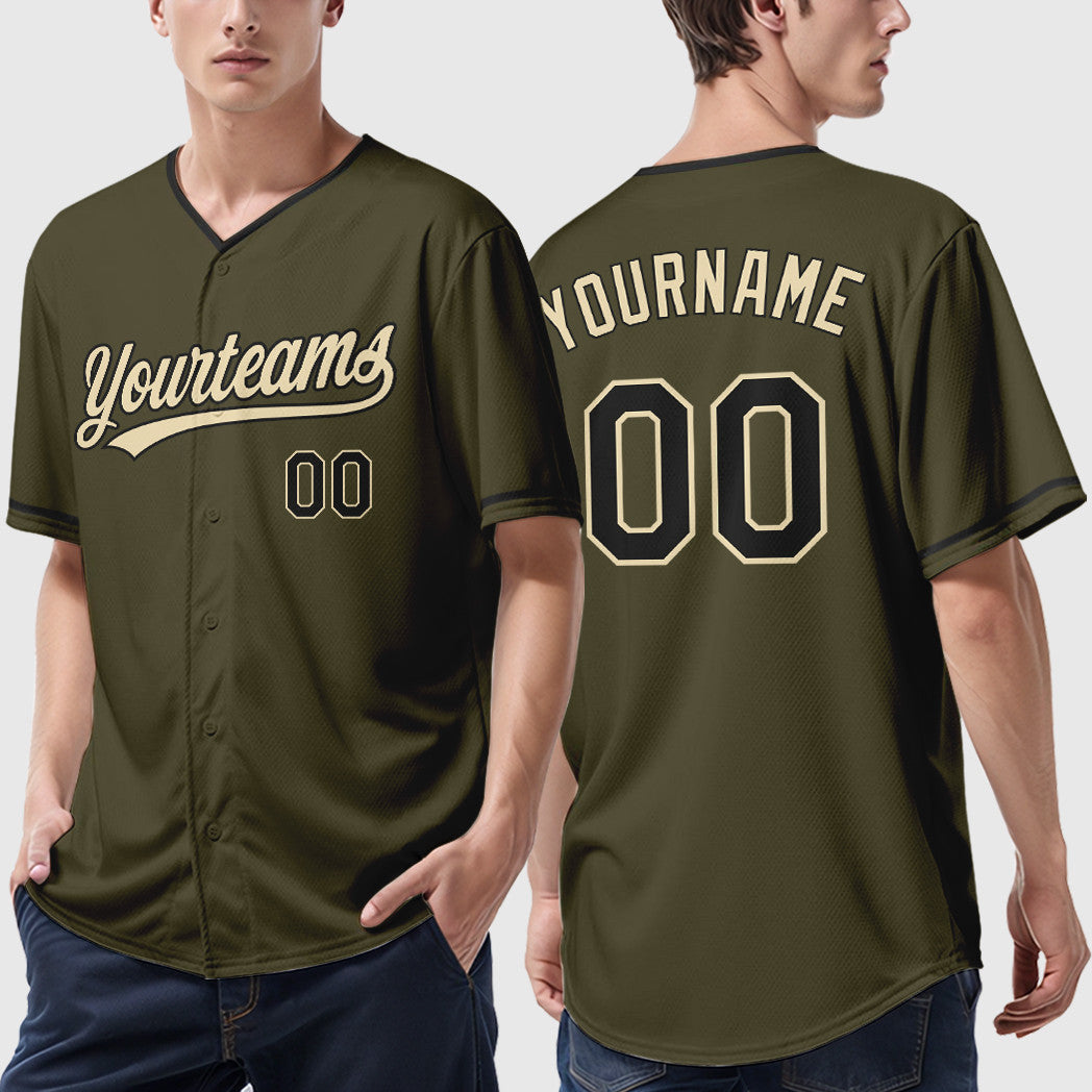 Custom Olive City Cream Black Salute To Service Collar Sleeve Baseball Jersey