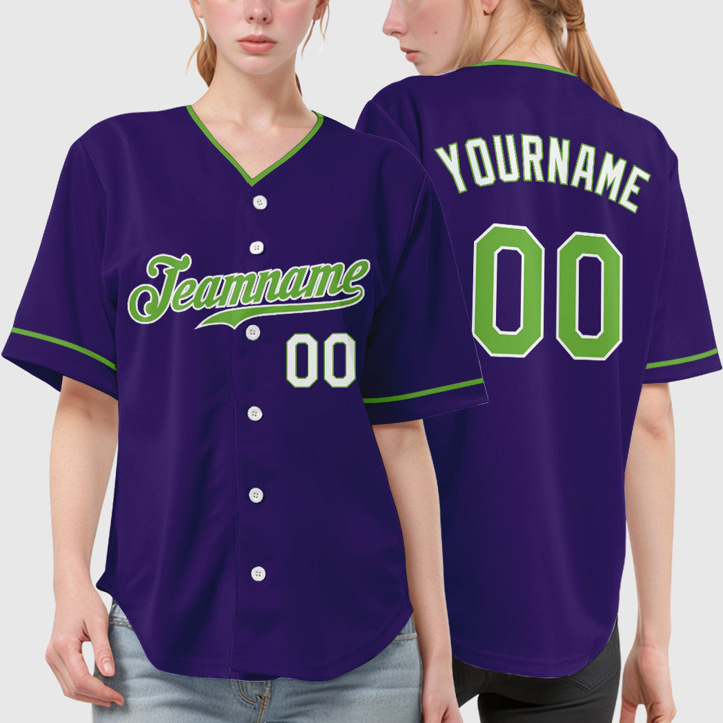 Custom Purple White Neon Green-White Collar Sleeve Baseball Jersey