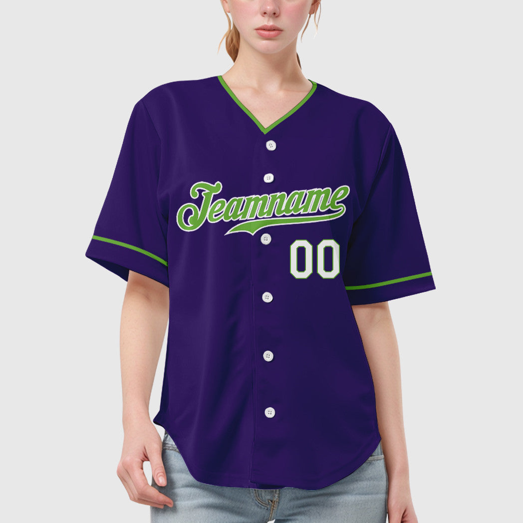 Custom Purple White Neon Green-White Collar Sleeve Baseball Jersey
