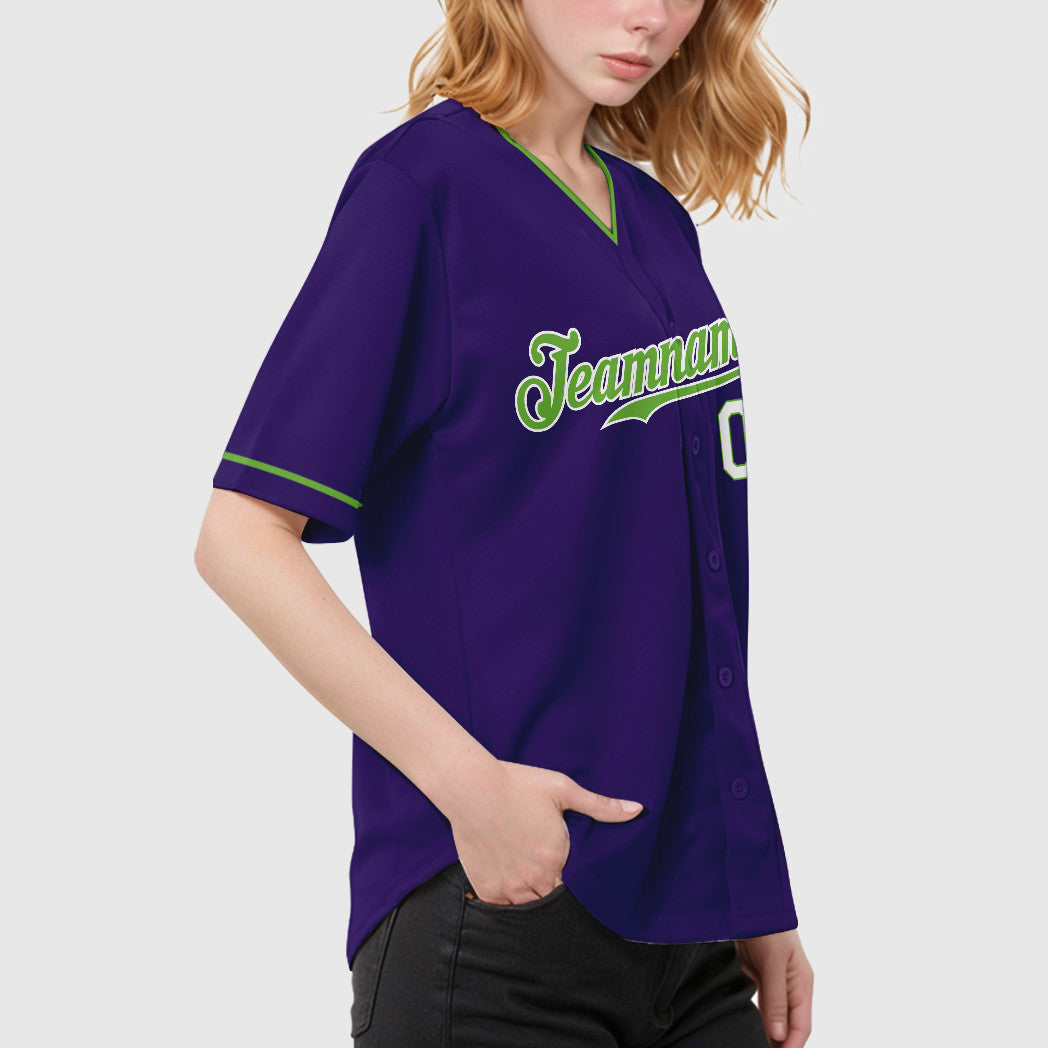 Custom Purple White Neon Green-White Collar Sleeve Baseball Jersey