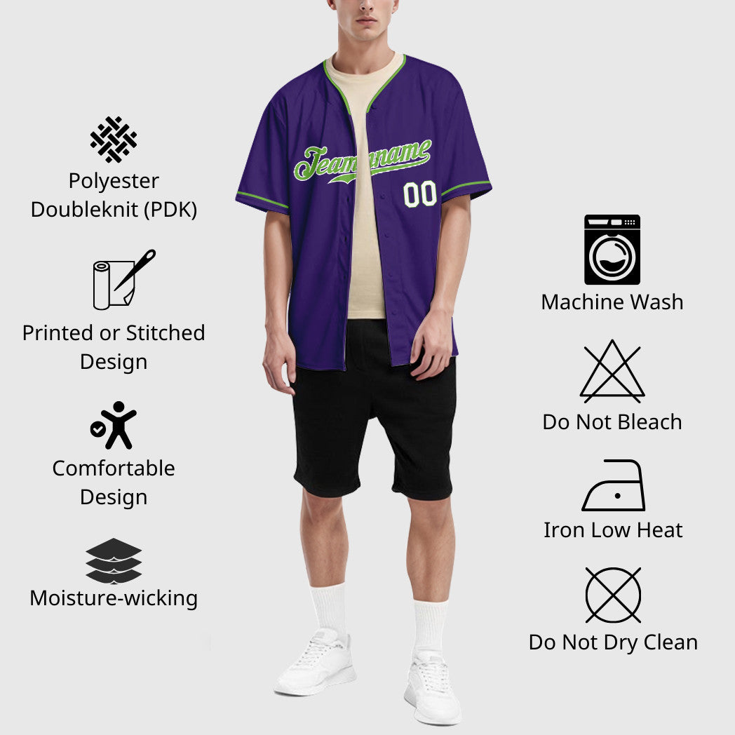Custom Purple White Neon Green-White Collar Sleeve Baseball Jersey