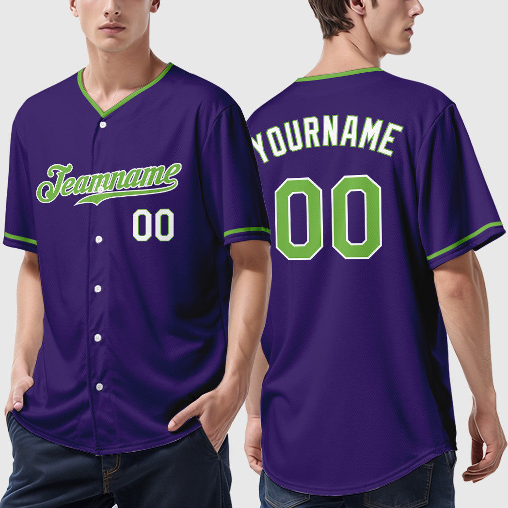 Custom Purple White Neon Green-White Collar Sleeve Baseball Jersey