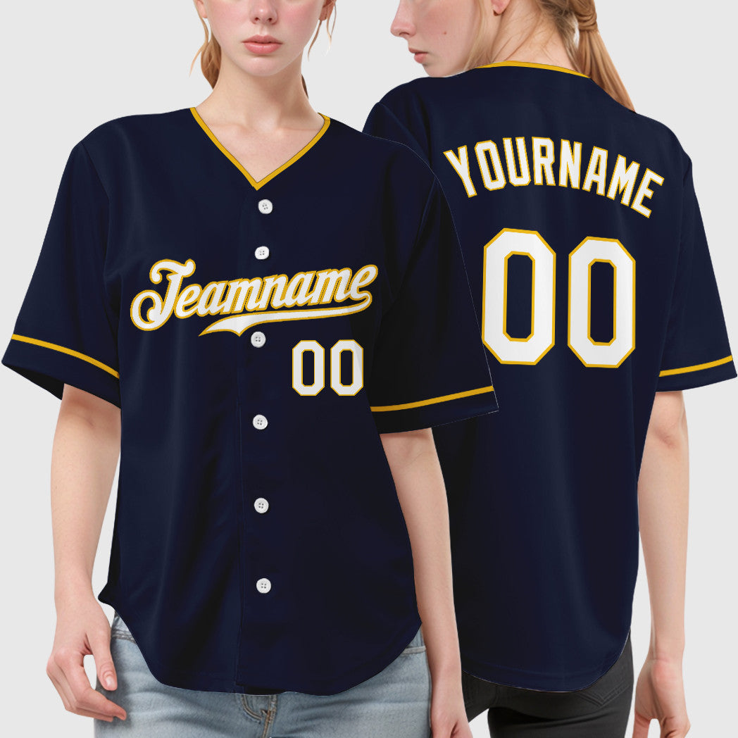 Custom Navy Yellow White Collar Sleeve Baseball Jersey