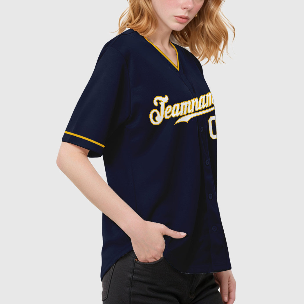 Custom Navy Yellow White Collar Sleeve Baseball Jersey