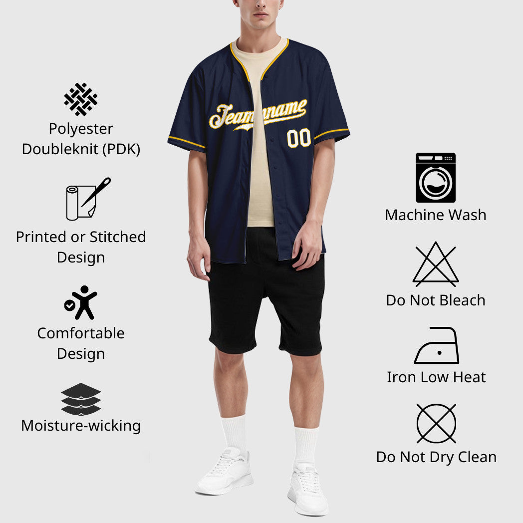 Custom Navy Yellow White Collar Sleeve Baseball Jersey