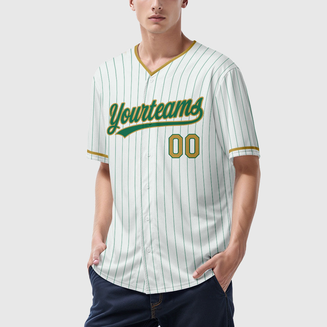 Custom White Kelly Green Old Gold Pinstripe Baseball Jersey