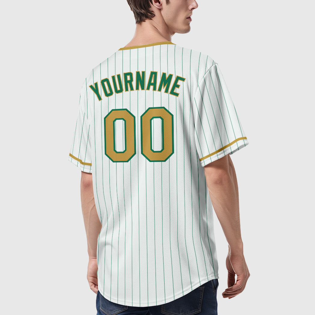 Custom White Kelly Green Old Gold Pinstripe Baseball Jersey