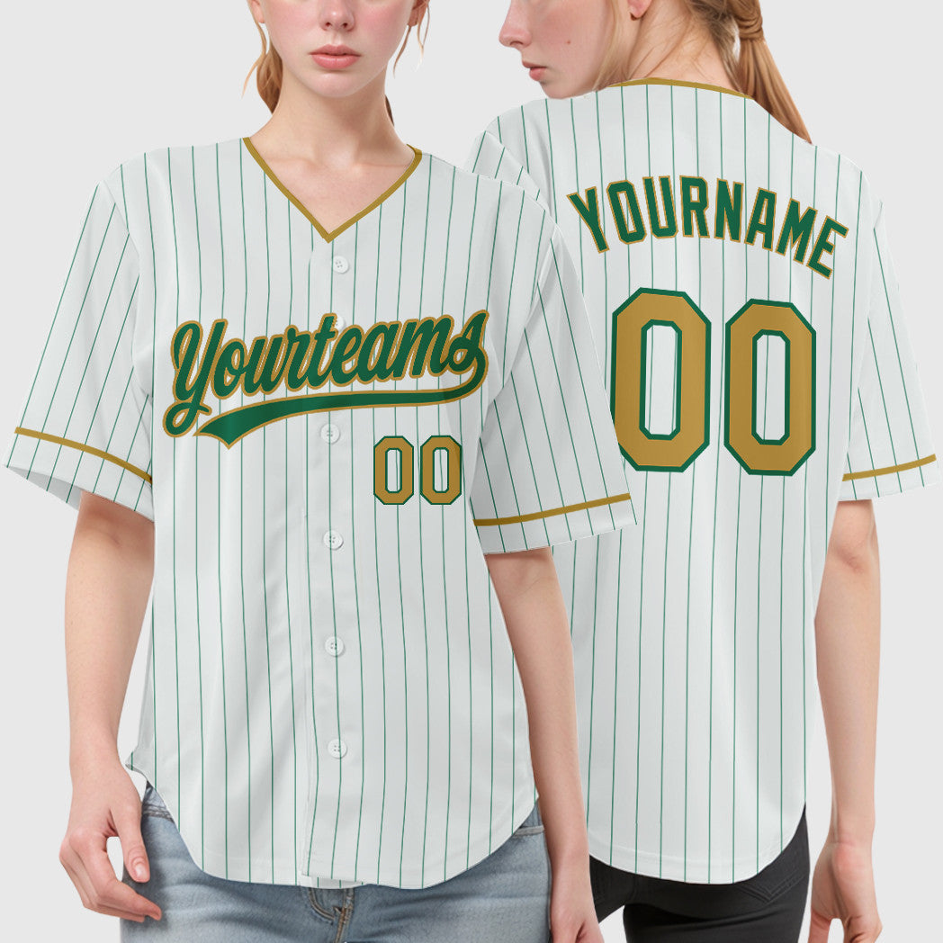 Custom White Kelly Green Old Gold Pinstripe Baseball Jersey