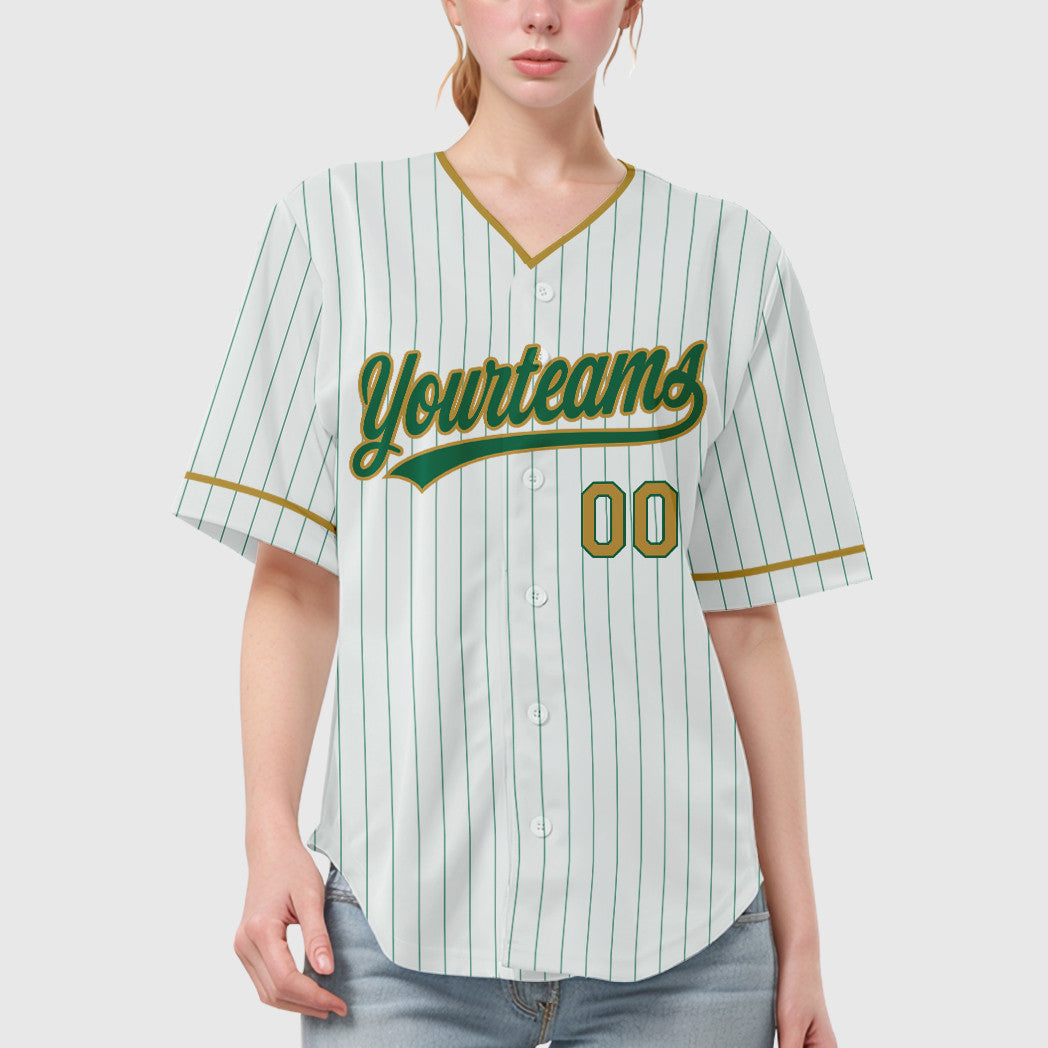 Custom White Kelly Green Old Gold Pinstripe Baseball Jersey