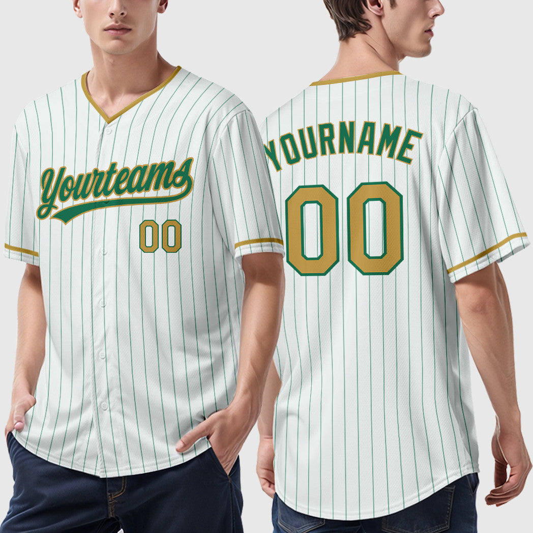 Custom White Kelly Green Old Gold Pinstripe Baseball Jersey