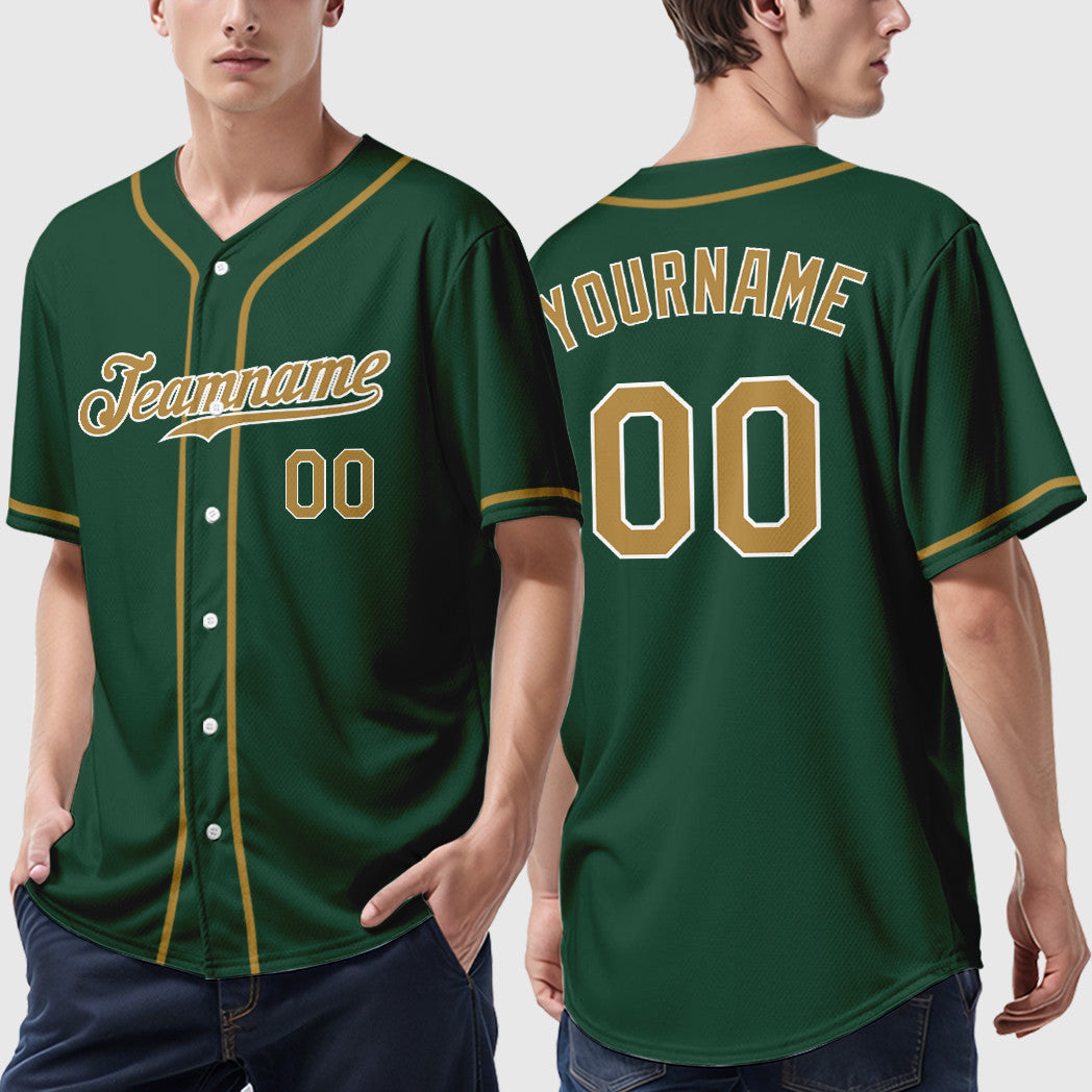Custom Green White Old Gold-White Sleeve Baseball Jersey