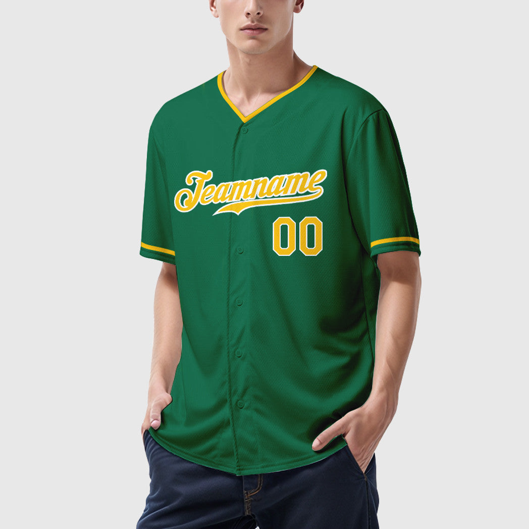 Custom Kelly Green Gold Gold-White Collar Sleeve Baseball Jersey