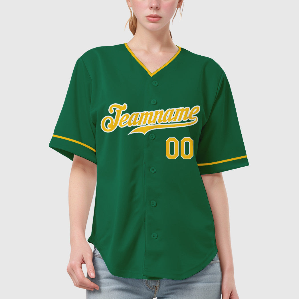 Custom Kelly Green Gold Gold-White Collar Sleeve Baseball Jersey