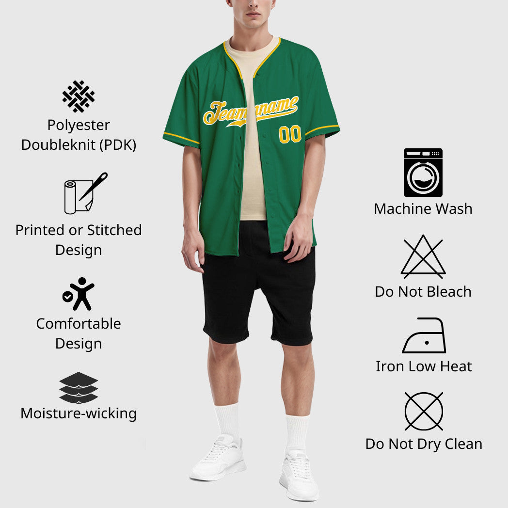 Custom Kelly Green Gold Gold-White Collar Sleeve Baseball Jersey