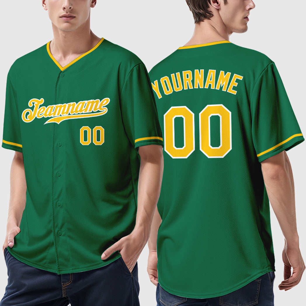 Custom Kelly Green Gold Gold-White Collar Sleeve Baseball Jersey