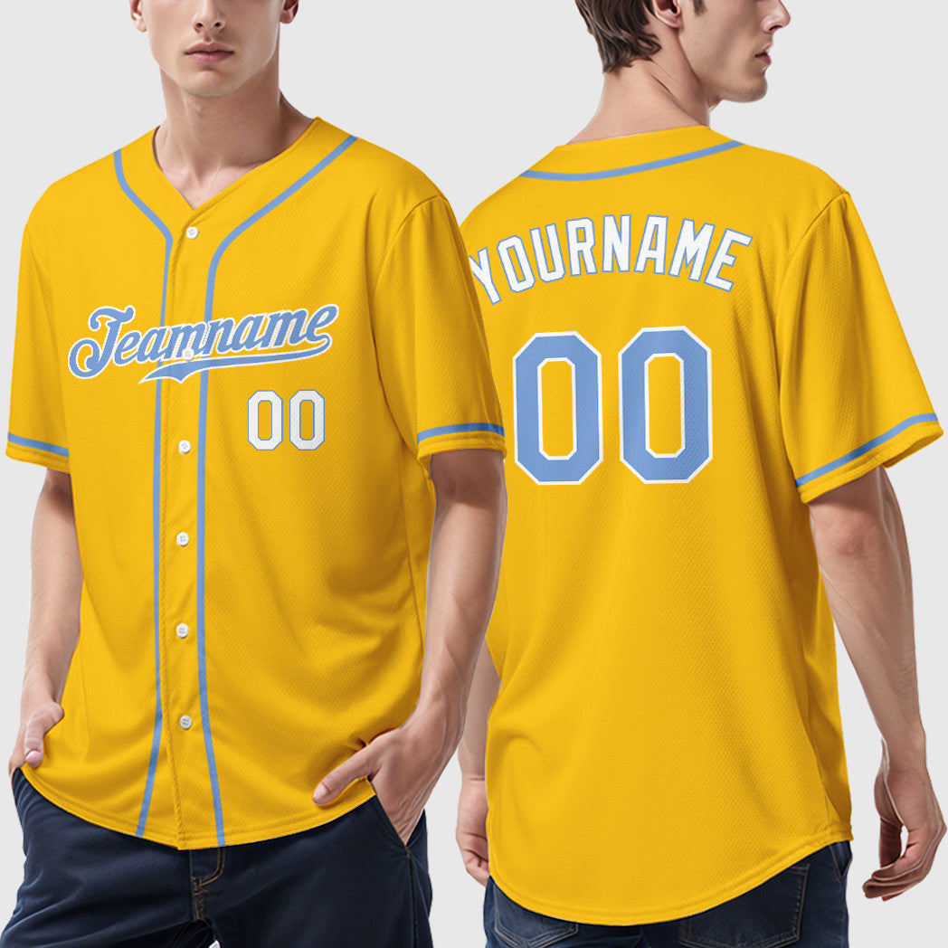 Custom Yellow Light Blue Light Blue-White Sleeve Baseball Jersey
