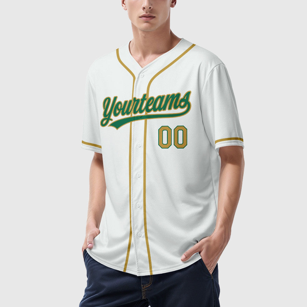 Custom White Kelly Green Old Gold Sleeve Baseball Jersey