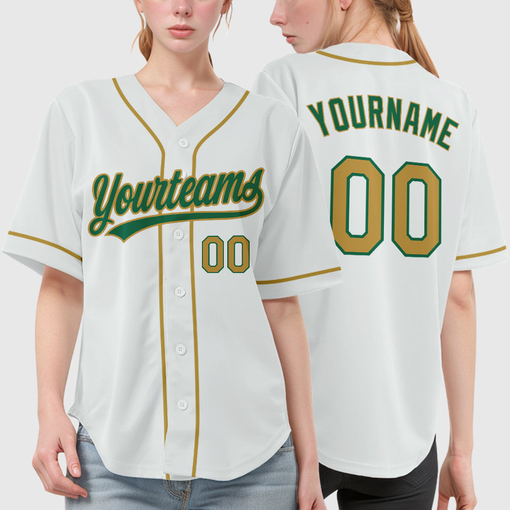 Custom White Kelly Green Old Gold Sleeve Baseball Jersey