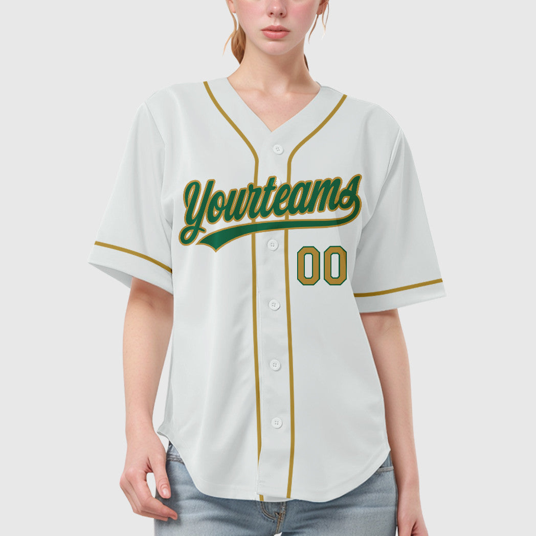 Custom White Kelly Green Old Gold Sleeve Baseball Jersey